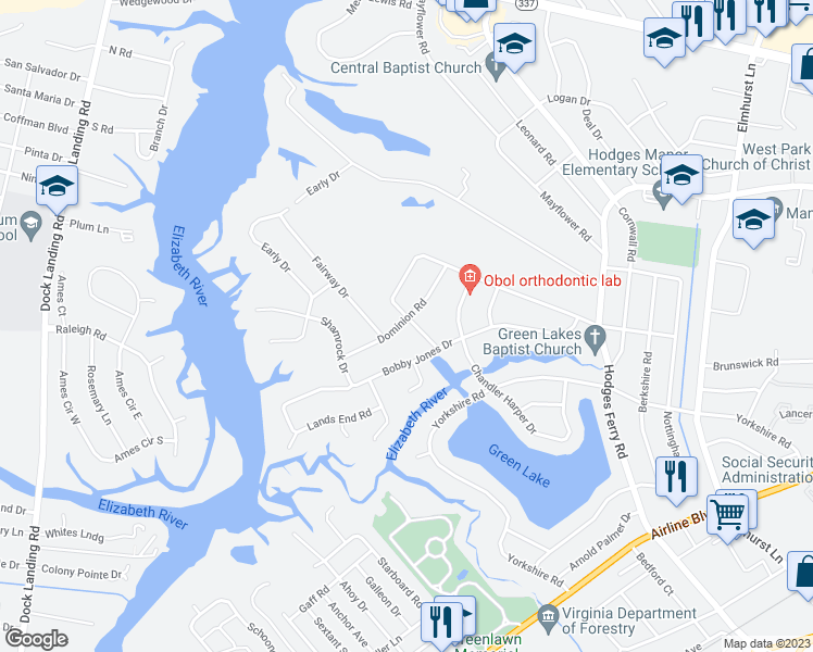 map of restaurants, bars, coffee shops, grocery stores, and more near 400 Snead Fairway in Portsmouth