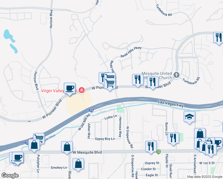 map of restaurants, bars, coffee shops, grocery stores, and more near 660 West Pioneer Boulevard in Mesquite