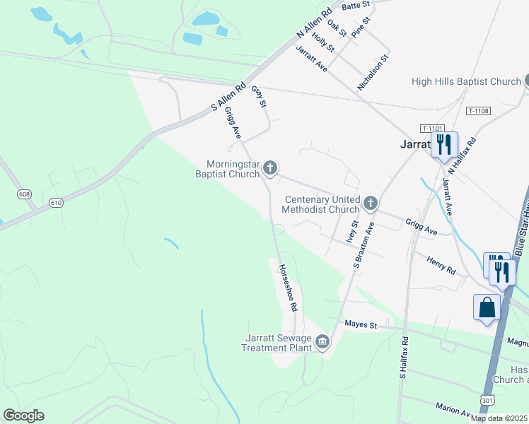 map of restaurants, bars, coffee shops, grocery stores, and more near 115 Horseshoe Road in Jarratt