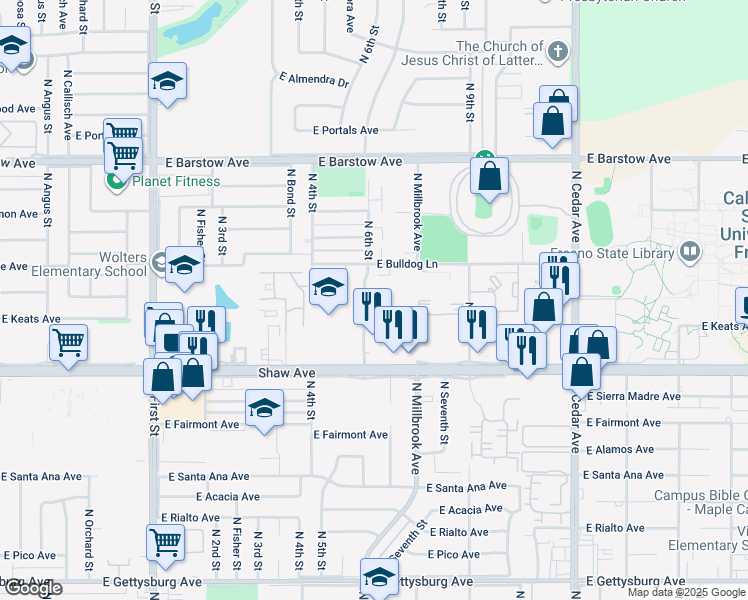 map of restaurants, bars, coffee shops, grocery stores, and more near 5150 North 6th Street in Fresno
