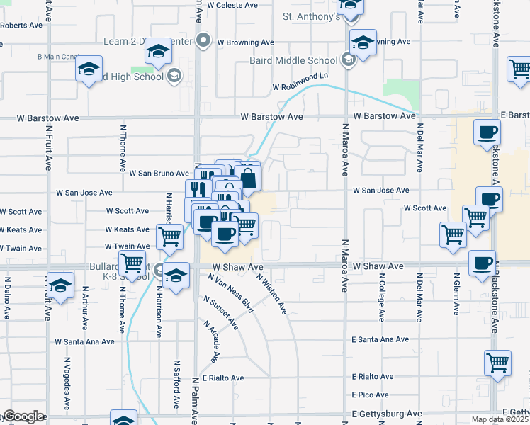 map of restaurants, bars, coffee shops, grocery stores, and more near 756 West Shaw Avenue in Fresno