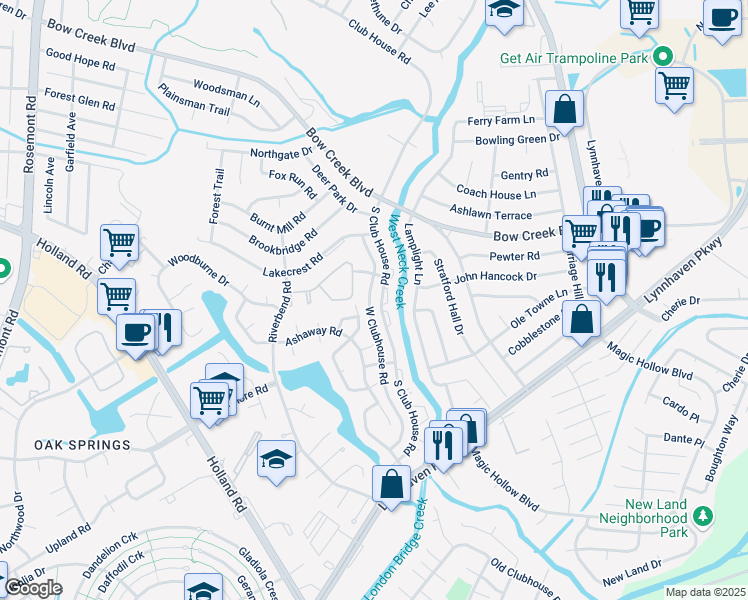 map of restaurants, bars, coffee shops, grocery stores, and more near 869 South Club House Road in Virginia Beach