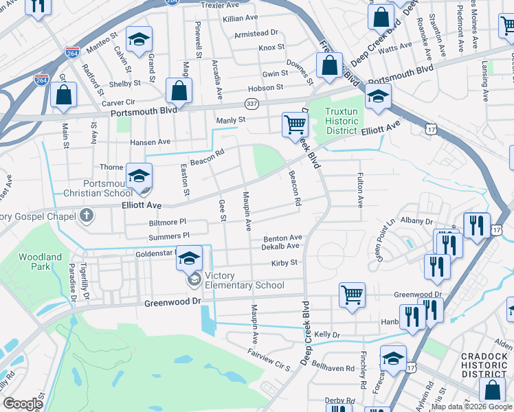 map of restaurants, bars, coffee shops, grocery stores, and more near 109 Maupin Avenue in Portsmouth