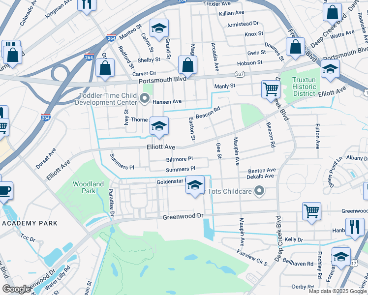 map of restaurants, bars, coffee shops, grocery stores, and more near 3120 Elliott Avenue in Portsmouth
