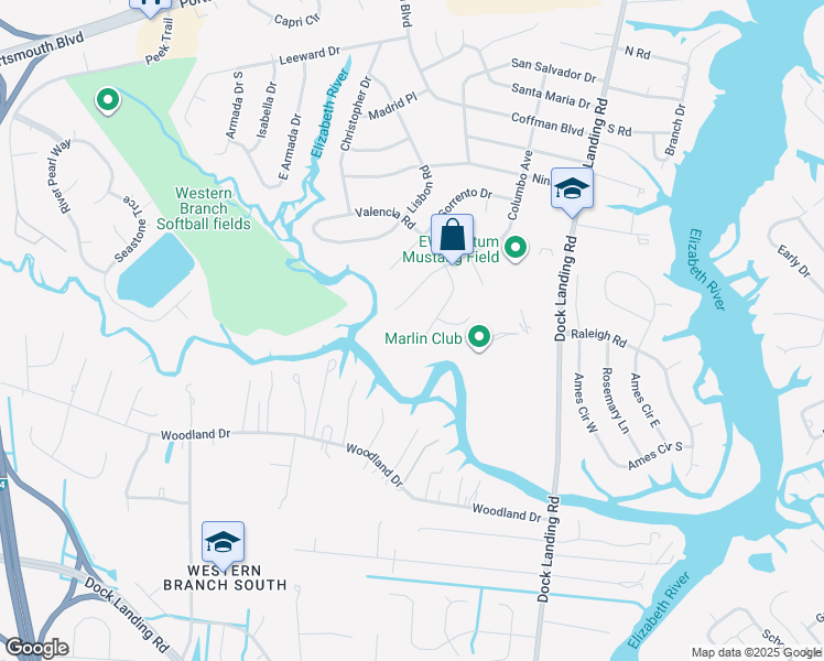 map of restaurants, bars, coffee shops, grocery stores, and more near 2009 Columbo Avenue in Chesapeake