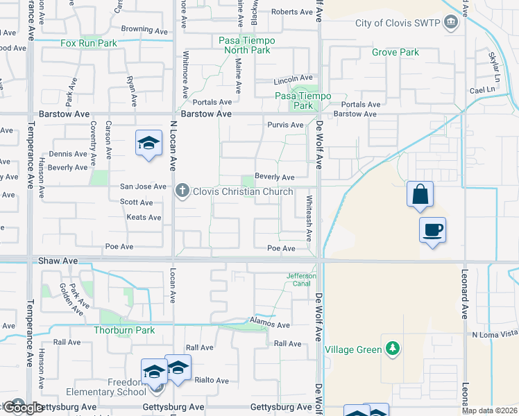 map of restaurants, bars, coffee shops, grocery stores, and more near 3232 Scott Avenue in Clovis
