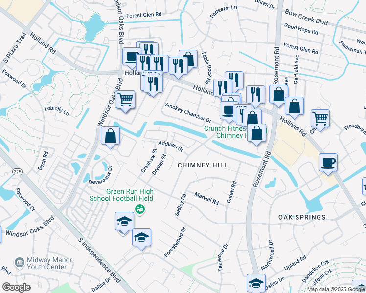 map of restaurants, bars, coffee shops, grocery stores, and more near 730 Harbor Springs Trail in Virginia Beach