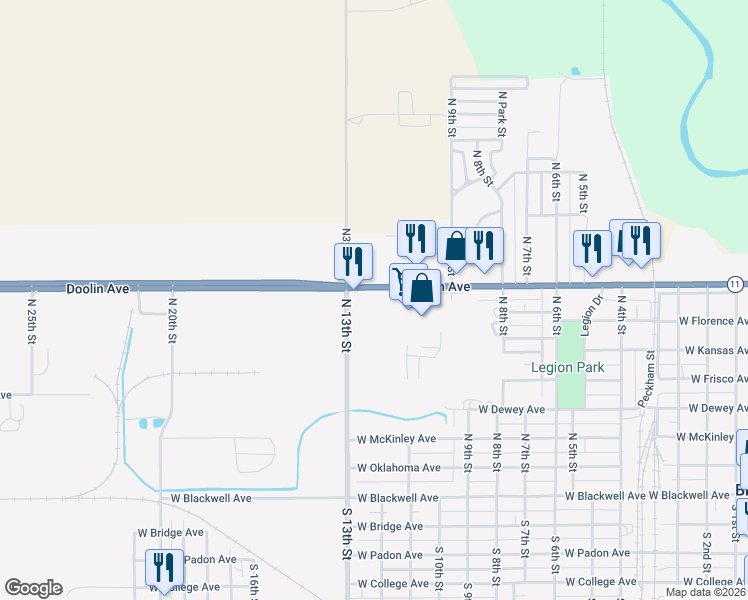 map of restaurants, bars, coffee shops, grocery stores, and more near W Doolin Ave in Blackwell