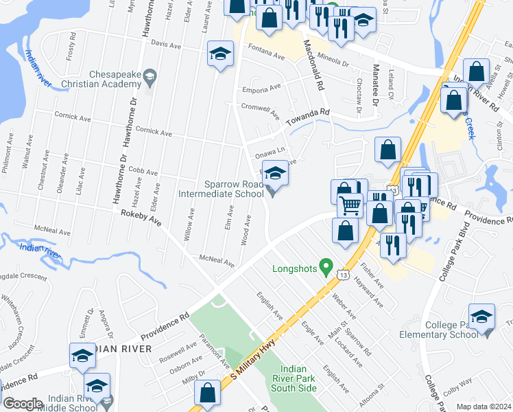 map of restaurants, bars, coffee shops, grocery stores, and more near 1508 Wood Avenue in Chesapeake