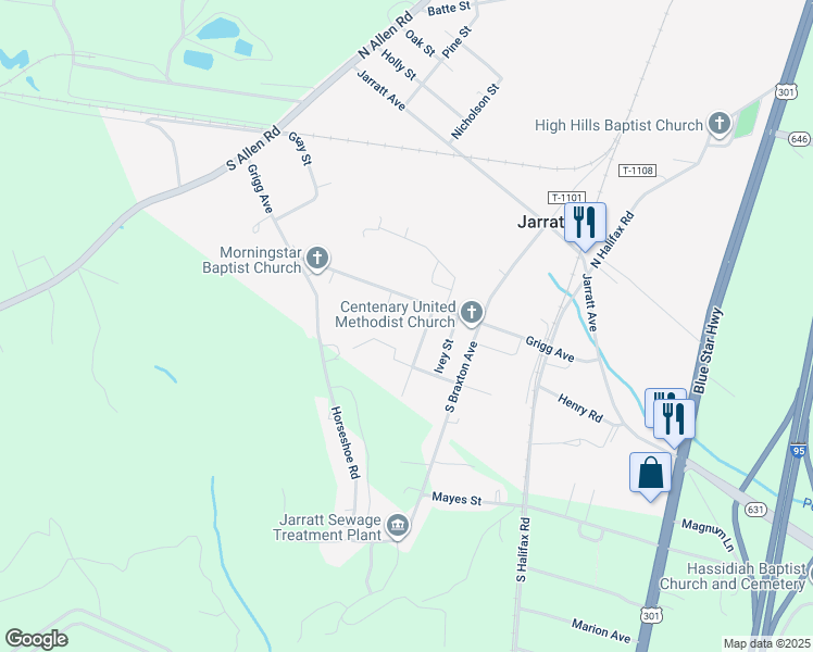 map of restaurants, bars, coffee shops, grocery stores, and more near 308 Susan Street in Jarratt