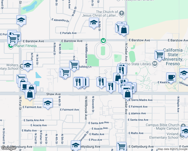 map of restaurants, bars, coffee shops, grocery stores, and more near 1577 East Bulldog Lane in Fresno