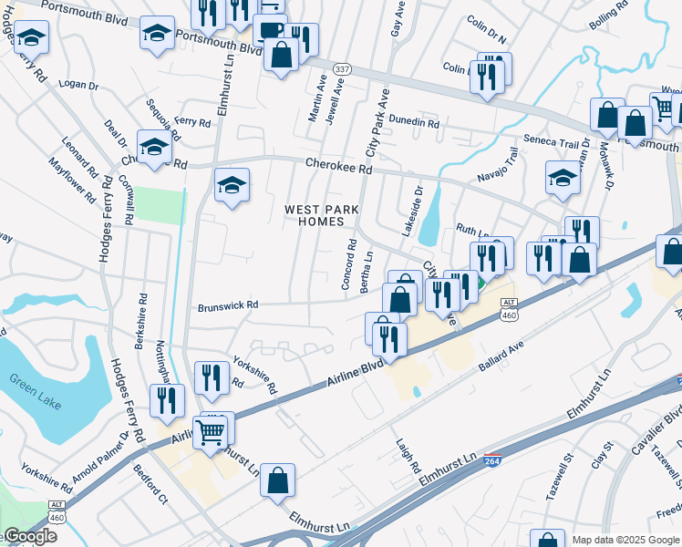 map of restaurants, bars, coffee shops, grocery stores, and more near 408 Concord Road in Portsmouth