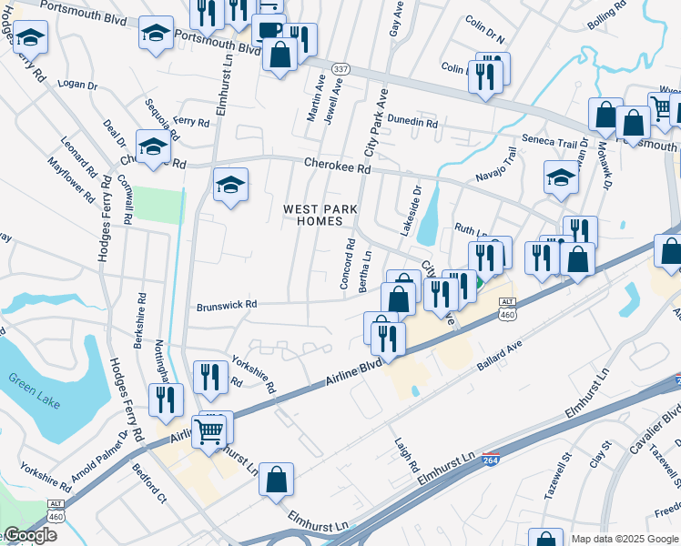 map of restaurants, bars, coffee shops, grocery stores, and more near 408 Concord Road in Portsmouth