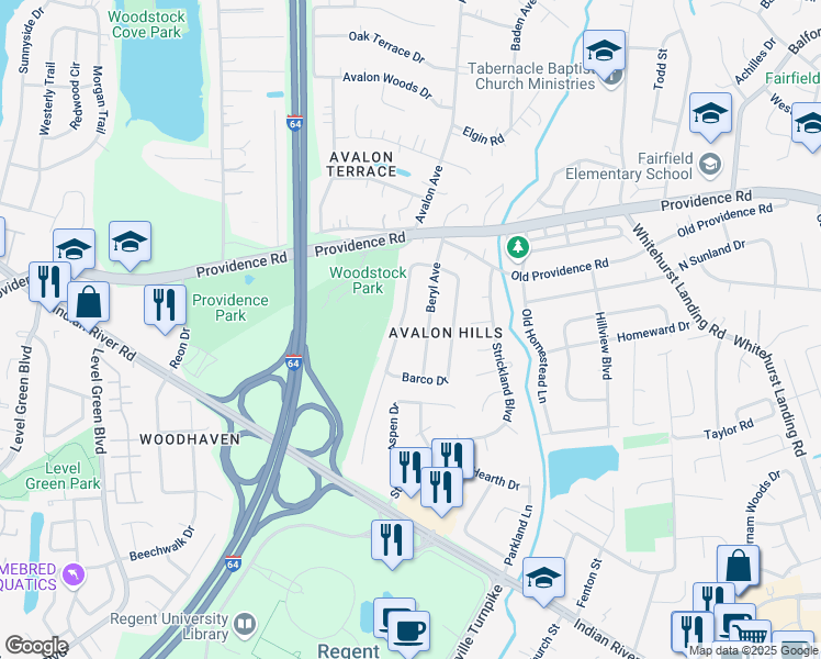 map of restaurants, bars, coffee shops, grocery stores, and more near 945 Josephine Crescent in Virginia Beach