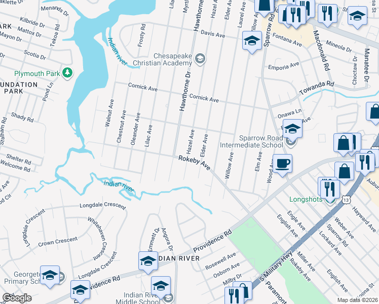 map of restaurants, bars, coffee shops, grocery stores, and more near 1519 Elder Avenue in Chesapeake