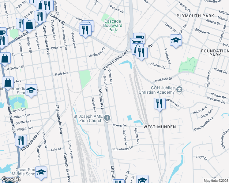 map of restaurants, bars, coffee shops, grocery stores, and more near 1449 Oliver Avenue in Chesapeake