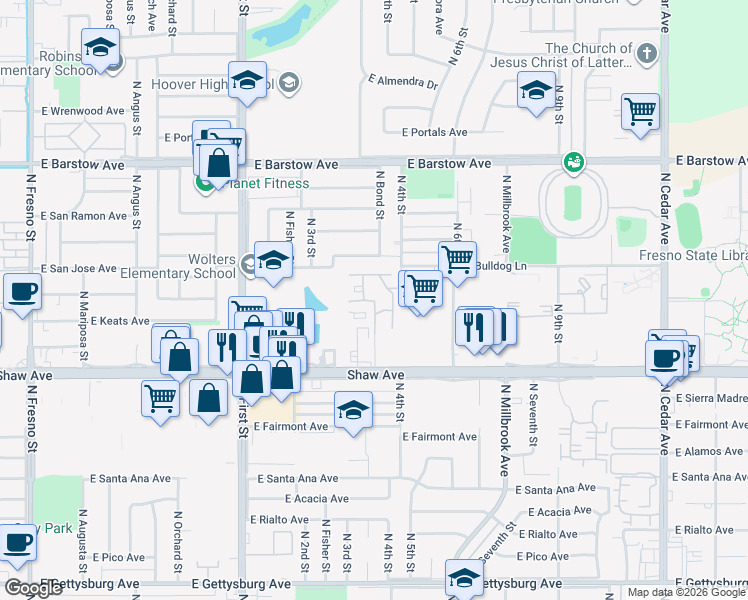 map of restaurants, bars, coffee shops, grocery stores, and more near 1250 East Shaw Avenue in Fresno