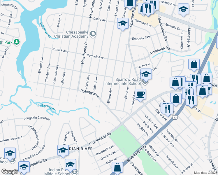 map of restaurants, bars, coffee shops, grocery stores, and more near 1519 Willow Avenue in Chesapeake