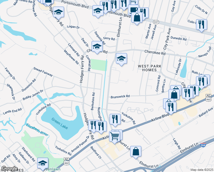 map of restaurants, bars, coffee shops, grocery stores, and more near 1606 Elmhurst Lane in Portsmouth