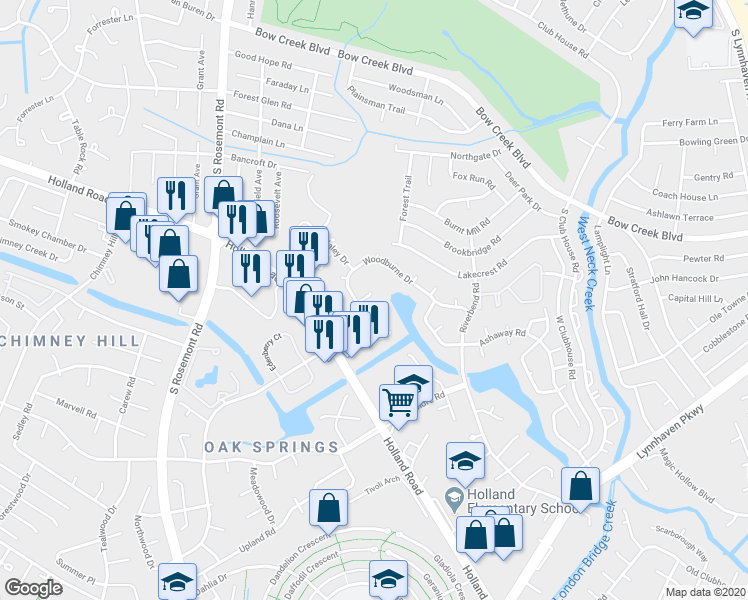 map of restaurants, bars, coffee shops, grocery stores, and more near 3317 Boynton Court in Virginia Beach