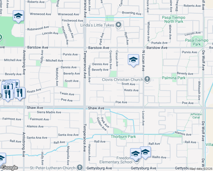 map of restaurants, bars, coffee shops, grocery stores, and more near 2733 Scott Avenue in Clovis