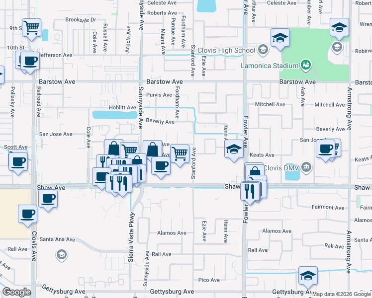 map of restaurants, bars, coffee shops, grocery stores, and more near 1597 Scott Avenue in Clovis