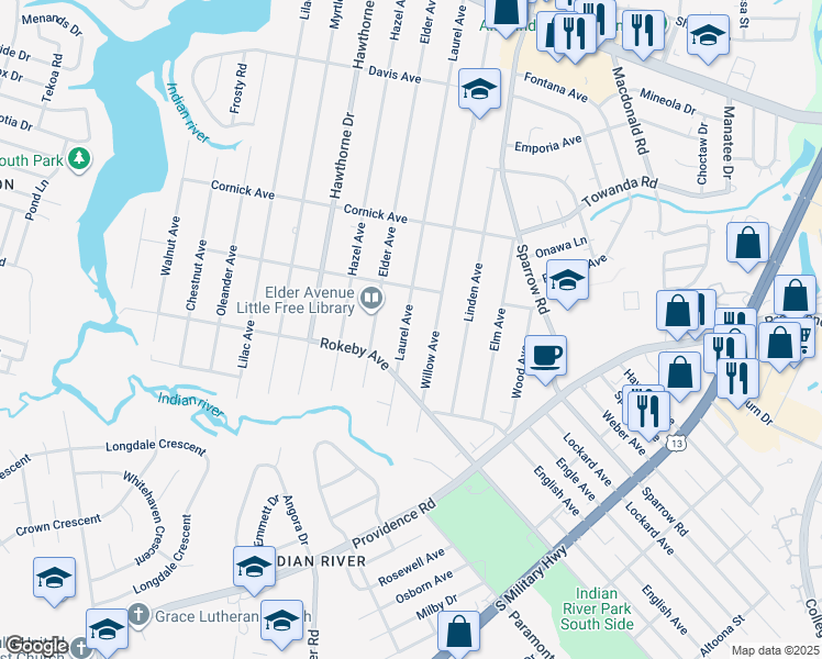 map of restaurants, bars, coffee shops, grocery stores, and more near 1518 Laurel Avenue in Chesapeake