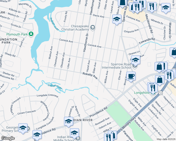 map of restaurants, bars, coffee shops, grocery stores, and more near 1519 Elder Avenue in Chesapeake