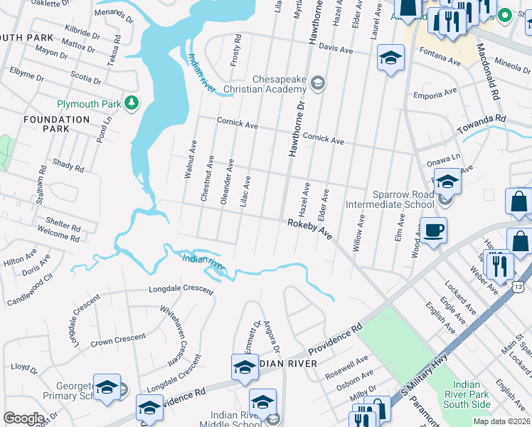 map of restaurants, bars, coffee shops, grocery stores, and more near 1522 Myrtle Avenue in Chesapeake