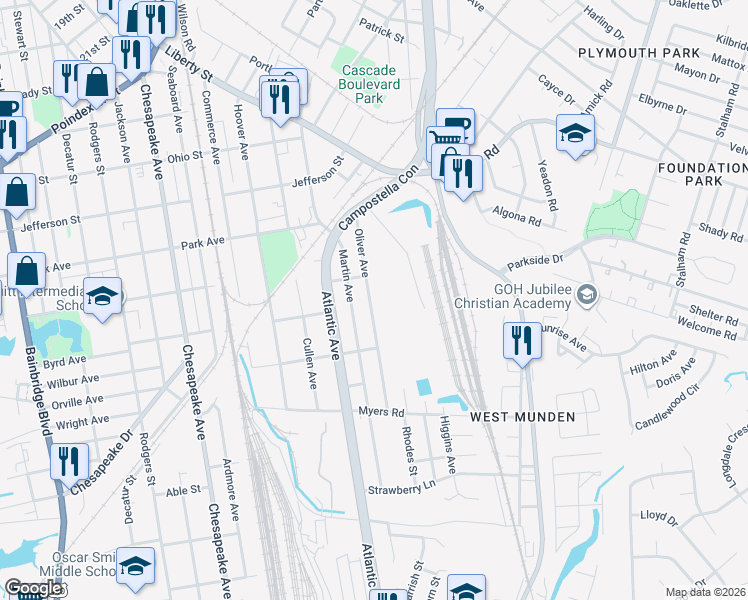 map of restaurants, bars, coffee shops, grocery stores, and more near 1449 Oliver Avenue in Chesapeake
