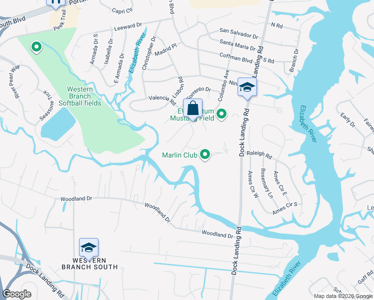 map of restaurants, bars, coffee shops, grocery stores, and more near 3913 Balboa Crescent in Chesapeake