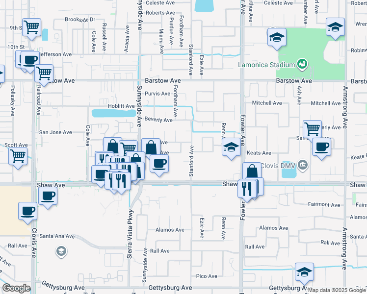 map of restaurants, bars, coffee shops, grocery stores, and more near 1597 Scott Avenue in Clovis