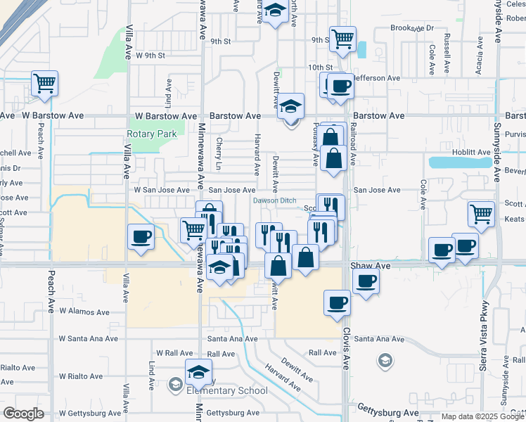 map of restaurants, bars, coffee shops, grocery stores, and more near 1900 Dartmouth Avenue in Clovis