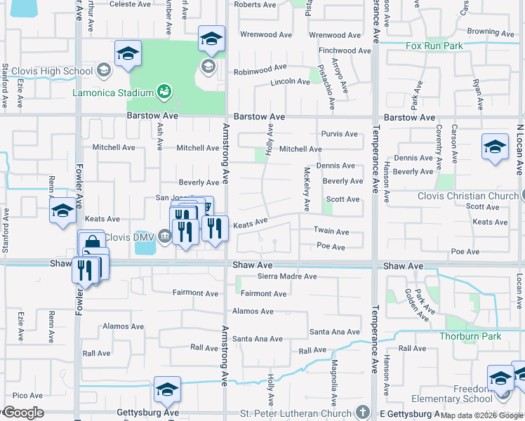 map of restaurants, bars, coffee shops, grocery stores, and more near 2315 Scott Avenue in Clovis