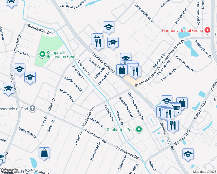 map of restaurants, bars, coffee shops, grocery stores, and more near 822 Rockingham Court in Virginia Beach
