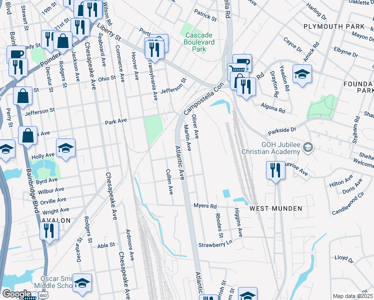 map of restaurants, bars, coffee shops, grocery stores, and more near 1518 Martin Avenue in Chesapeake