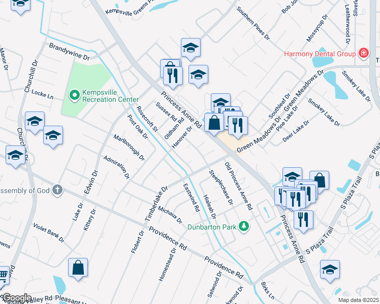 map of restaurants, bars, coffee shops, grocery stores, and more near 822 Rockingham Court in Virginia Beach
