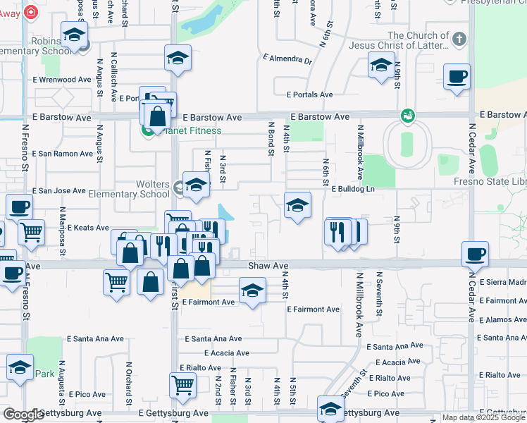 map of restaurants, bars, coffee shops, grocery stores, and more near 1250 East Shaw Avenue in Fresno