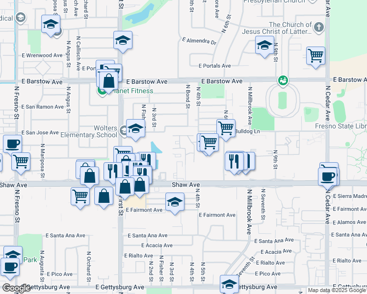 map of restaurants, bars, coffee shops, grocery stores, and more near 1250 East Shaw Avenue in Fresno