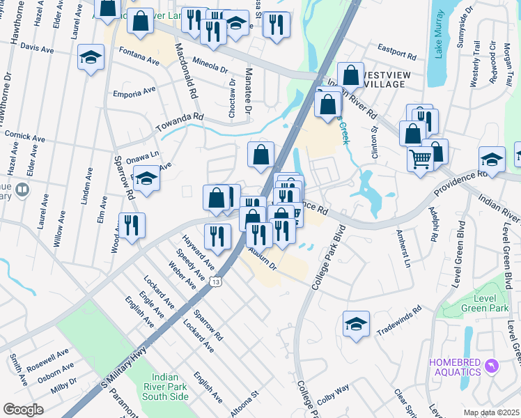map of restaurants, bars, coffee shops, grocery stores, and more near South Military Highway & Providence Road in Virginia Beach