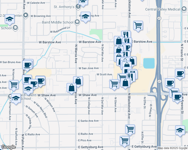 map of restaurants, bars, coffee shops, grocery stores, and more near 244 West Scott Avenue in Fresno