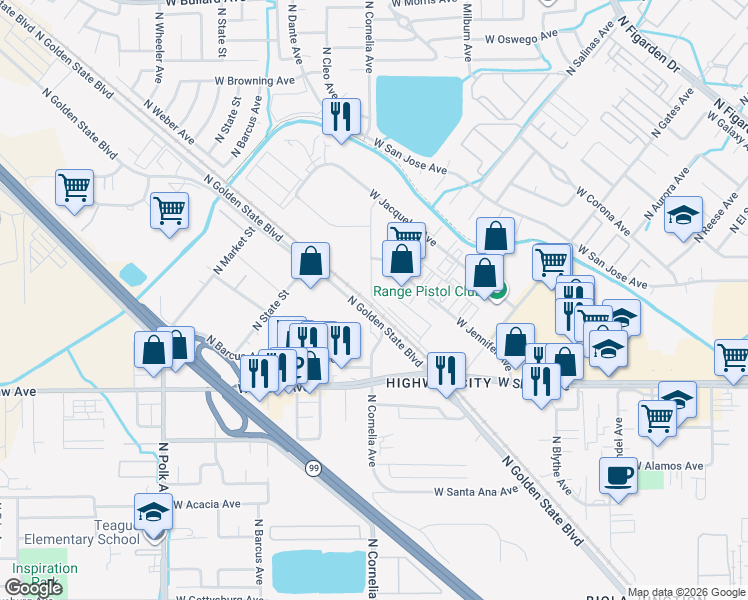 map of restaurants, bars, coffee shops, grocery stores, and more near North Weber Avenue in Fresno