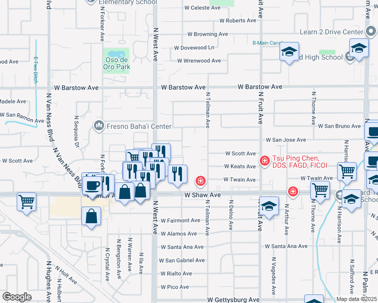 map of restaurants, bars, coffee shops, grocery stores, and more near 5170 North Channing Way in Fresno