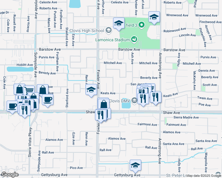 map of restaurants, bars, coffee shops, grocery stores, and more near 1635 Whittier Avenue in Clovis
