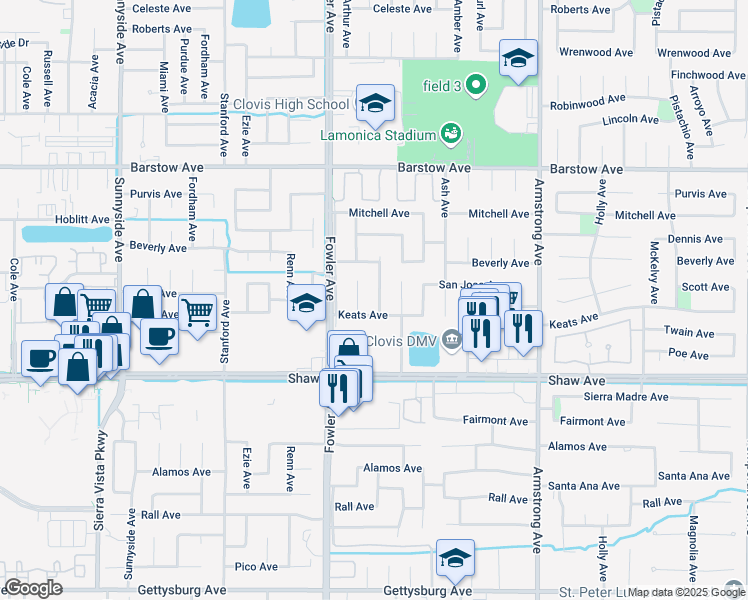 map of restaurants, bars, coffee shops, grocery stores, and more near 1635 Whittier Avenue in Clovis