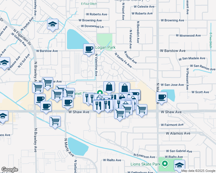 map of restaurants, bars, coffee shops, grocery stores, and more near 5150 North Valentine Avenue in Fresno