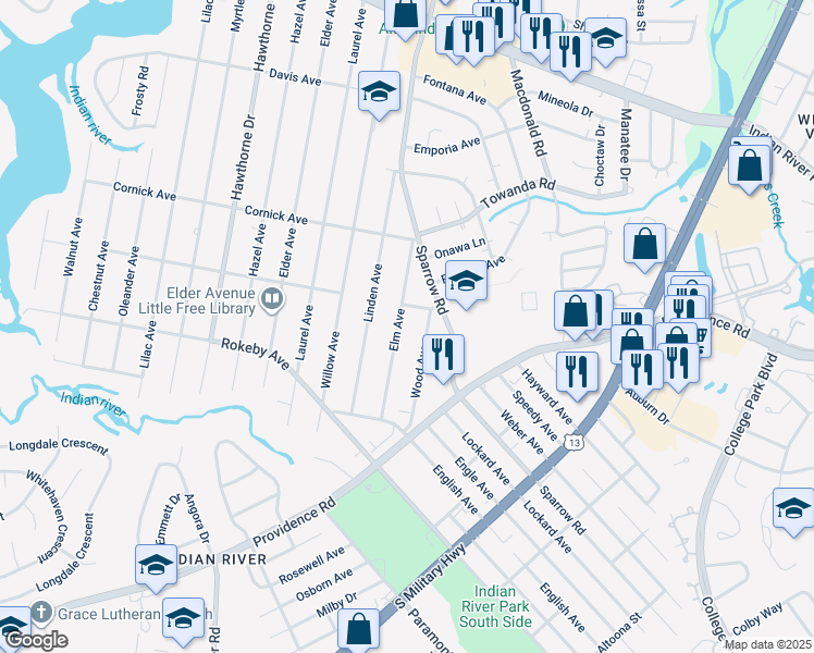 map of restaurants, bars, coffee shops, grocery stores, and more near 1508 Elm Avenue in Chesapeake