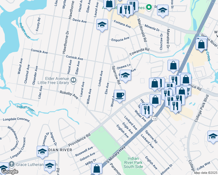 map of restaurants, bars, coffee shops, grocery stores, and more near 1508 Elm Avenue in Chesapeake