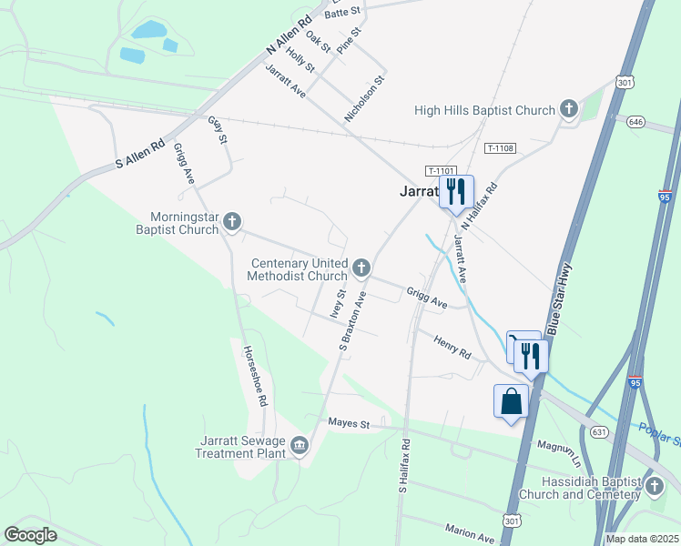map of restaurants, bars, coffee shops, grocery stores, and more near 211 Grigg Avenue in Jarratt