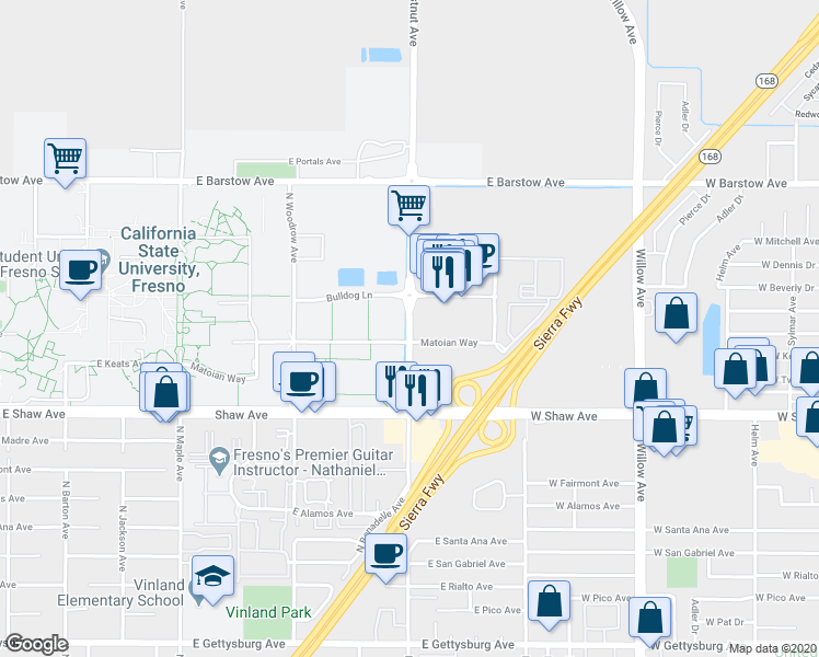 map of restaurants, bars, coffee shops, grocery stores, and more near 5465 North Chestnut Avenue in Fresno